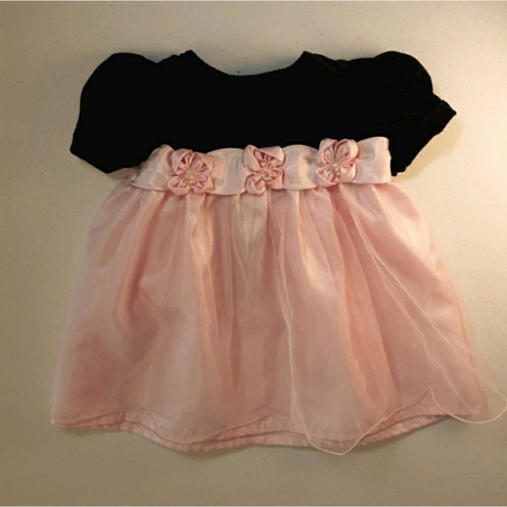Beautiful Peachy Kids Pink Chiffon Black Velvet Baby Girl Dress Sz 12 Mos